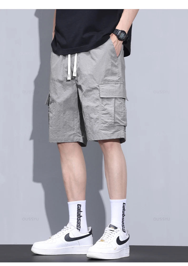 Summer Ultrathin Shorts Pants Men Cargo Work Side Pockets Joggers Grey Bermuda Knee Beach Nylon Short Pant Male Big Size M-5XL