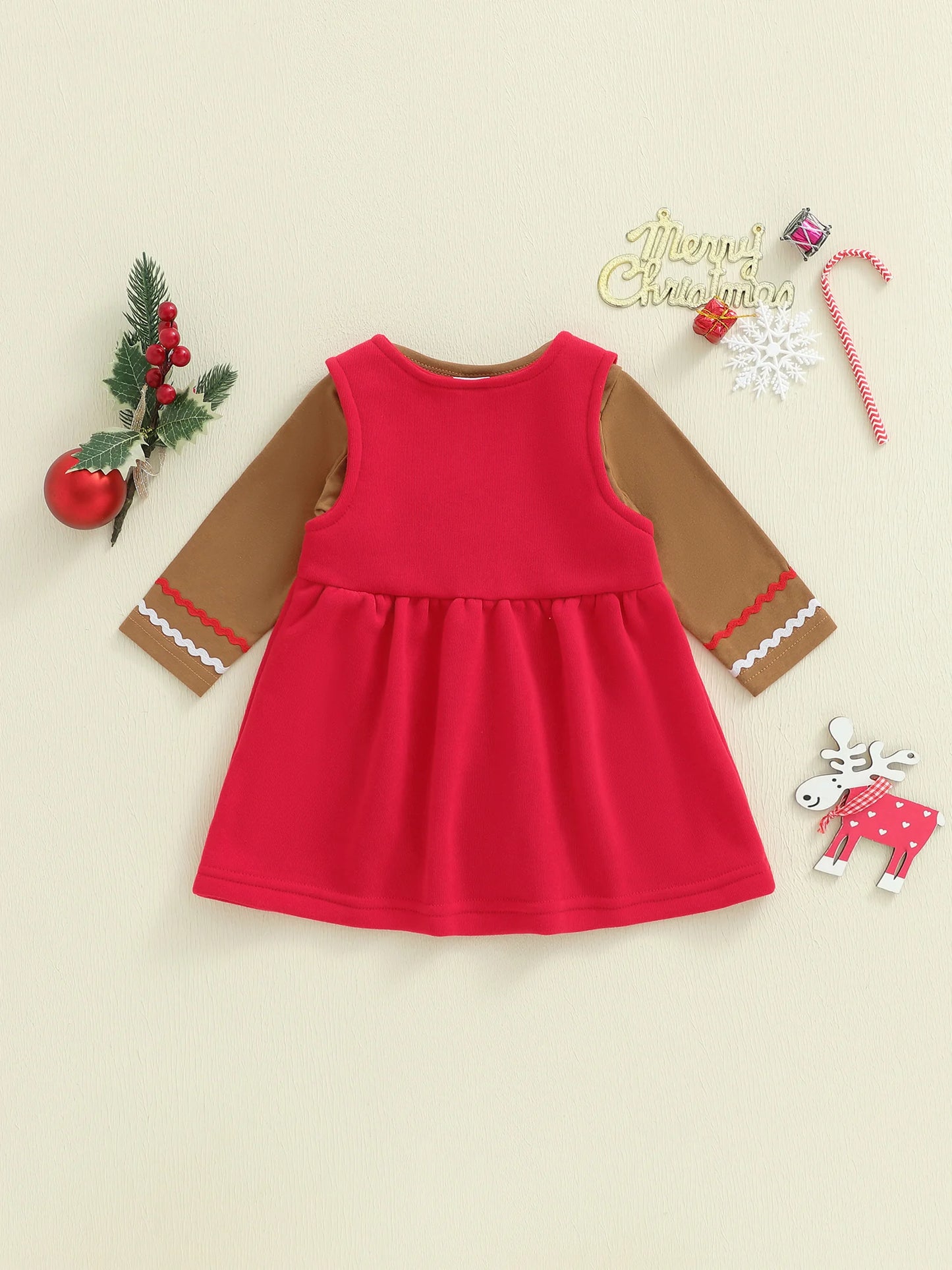 Baby Girls Christmas Clothes Set - Long Sleeve Romper & Gingerbread Man Embroidery Overalls Dress