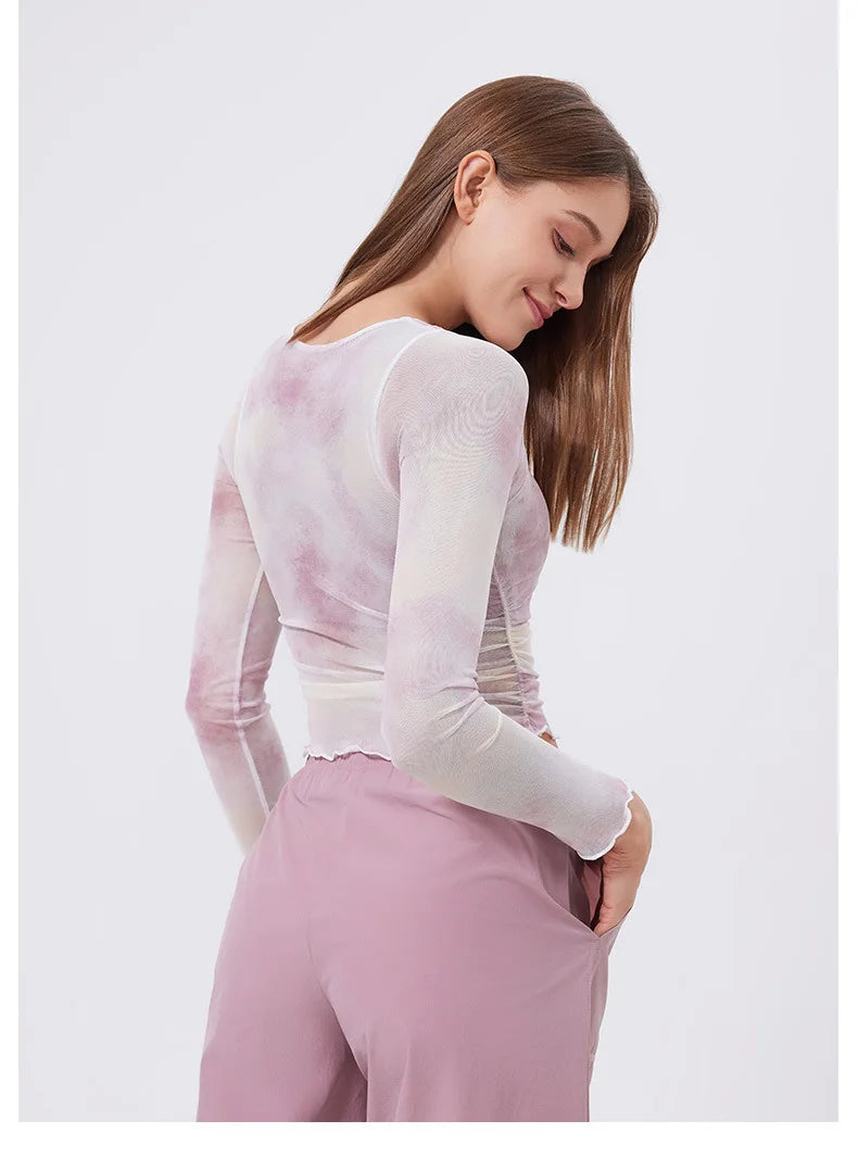 Women's Long Sleeve Yoga Shirt Women Tie-Dye 2 In 1 Gym Crop Top Slim Fit Breathable Running Top With Chest Pads Sportswear