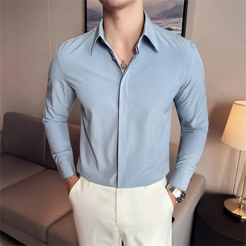 Men's Solid Colour Long Sleeve Shirt - Smart Casual Slim Fit Shirt