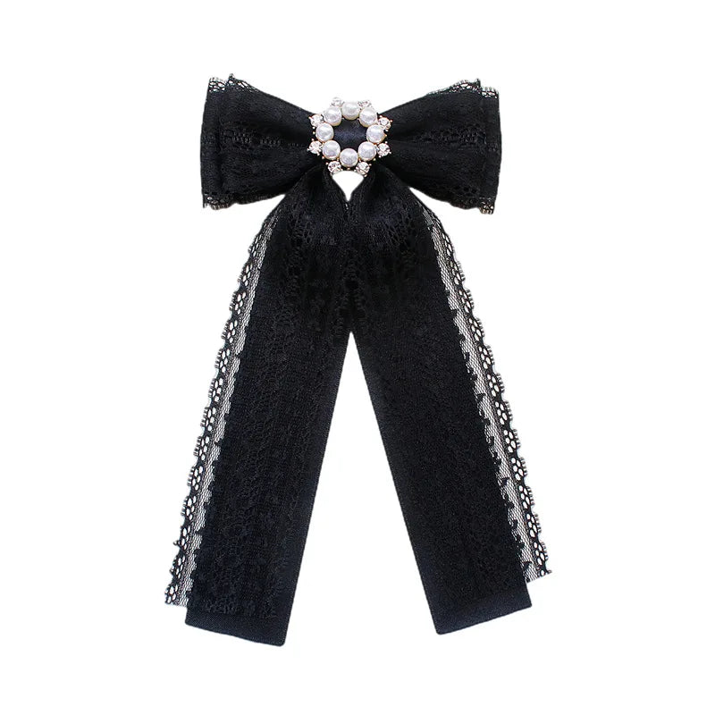 Black Fabric Bow Brooch - College Style Crystal Collar Pin