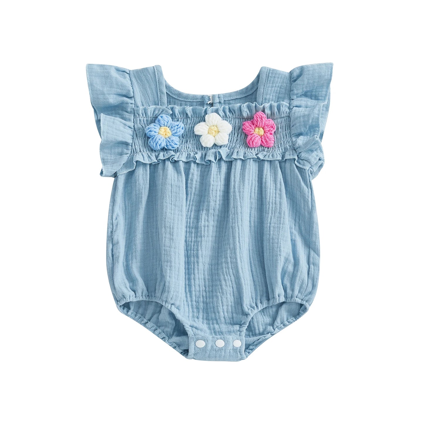 Newborn Baby Girls Flower Embroidery Romper - Smocked Flying Sleeve Jumpsuit (0-12M)
