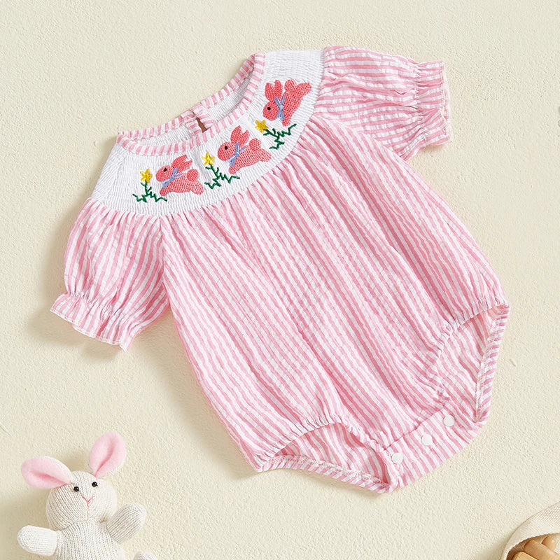 Baby Girls Easter Rabbit Embroidery Romper Dress - Striped Puff Sleeve Outfit