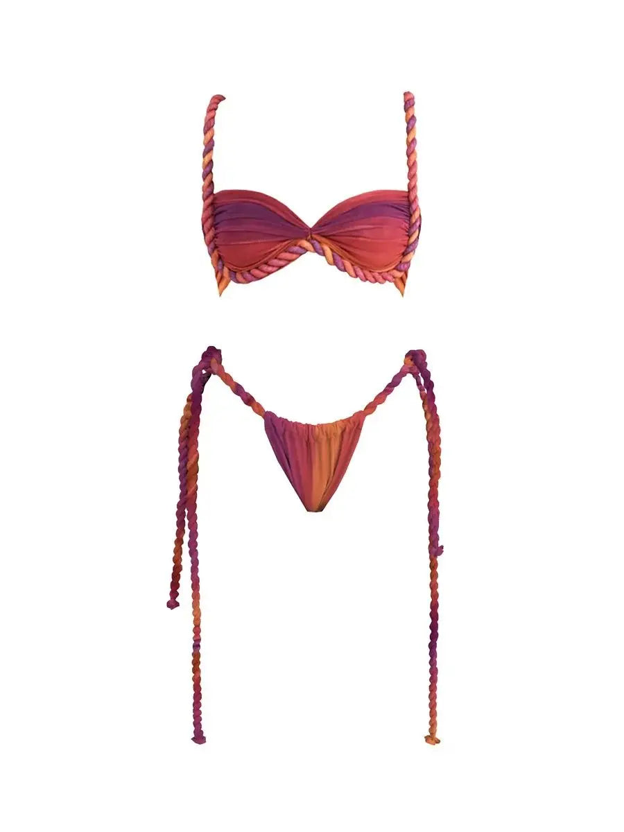 Women's Braid Bandage Bikini with Skirt 3Pcs Halter Bra Summer Skirt