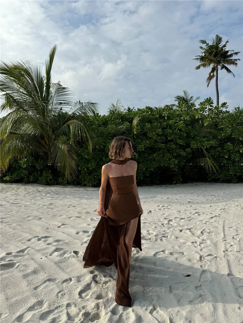 Women's Elegant Strapless Maxi Gown With Scarf Off-shoulder Sleeveless Backless Split Beach Long Dress