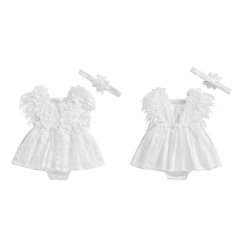 Baby Girls' Floral Embroidery Sleeveless Romper Dress with Headband | 3M–24M