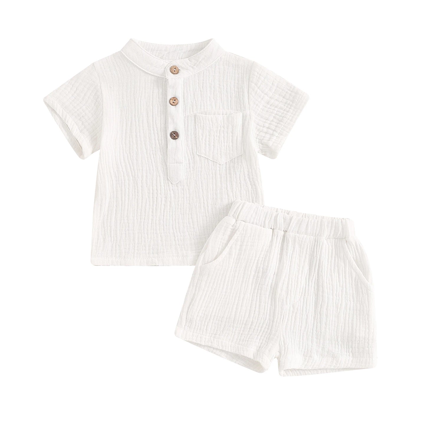 Little Boys Summer Gentleman Outfit Set - Solid Short Sleeve Top & Elastic Waist Shorts (0-4Y)
