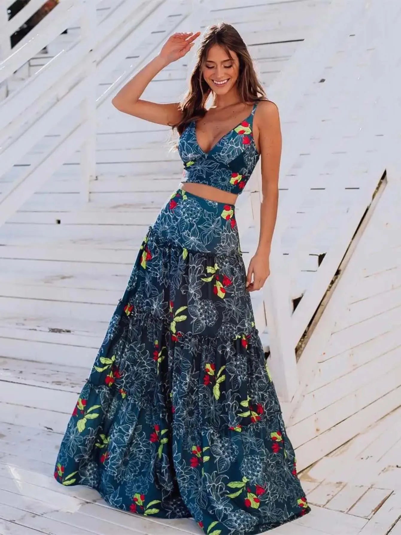Women's Print Beach Two Piece Skirt White Bra High Waist A-line Long Skirt Beach Set