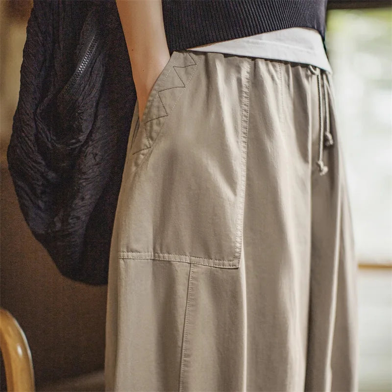 Women's Wide Leg Cargo Trousers - Khaki Elastic Waist Pocket Pants