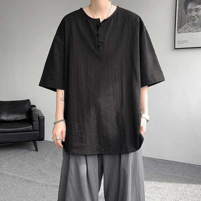 Men's Summer Cotton Linen Half Sleeve Breathable Round-Neck Loose Casual T-shirt