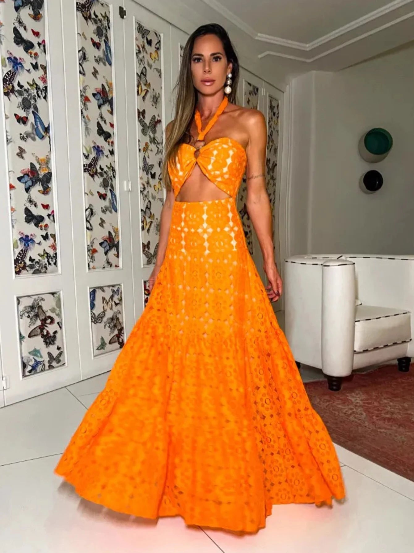 Women's Summer Hollow Lace  Halter Strapless Sleeveless Naked Waist Long Chic Dress