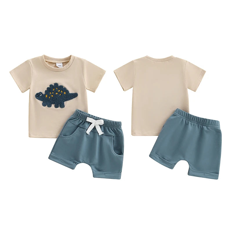 0-3Y Toddler Baby Boys Clothes Set Dinosaur Embroidery Short Sleeve T-shirts Solid Elastic Waist Shorts