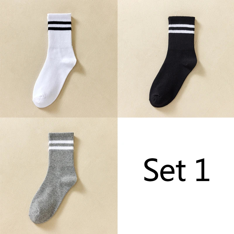 3 Striped Cotton Socks - Unisex Streetwear Casual Knitted Socks