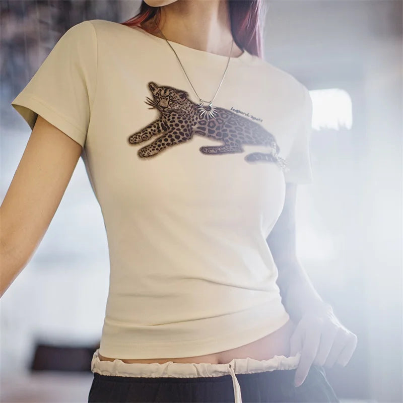 Women's Animal Print Short Sleeve T-Shirt - Vintage Crew Neck Tee