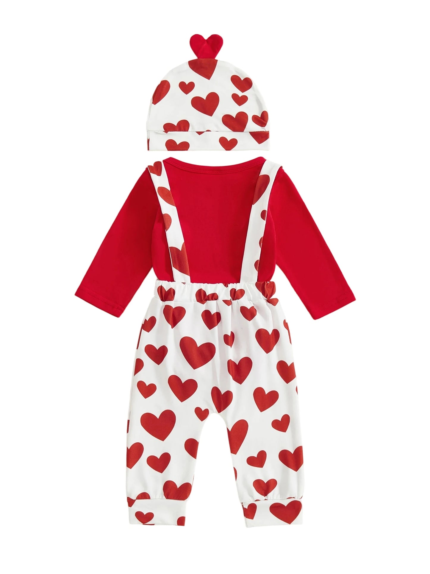 Baby Boys Valentine's Day Outfit Set - Heart Print Romper with Suspender Pants & Hat 0-18M