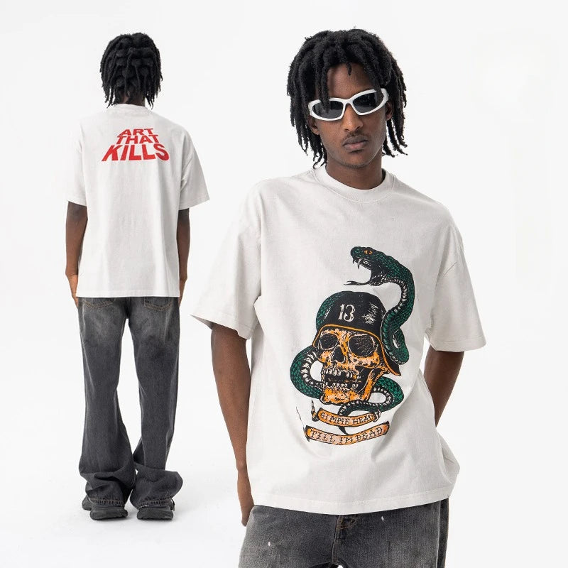Men's Summer Washed cobra skull print short-sleeved T-shirt