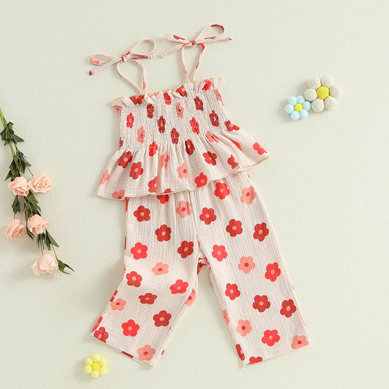0-4Y Kids Girls Clothes Set Flower Print Sleeveless Lace Up Pleated Camisole with Trousers 2pcs Set