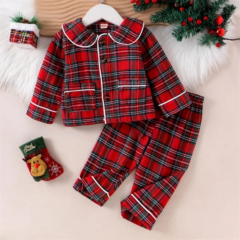 Kids Christmas Pajamas Set - Plaid Print Turn Down Collar Shirt & Pants
