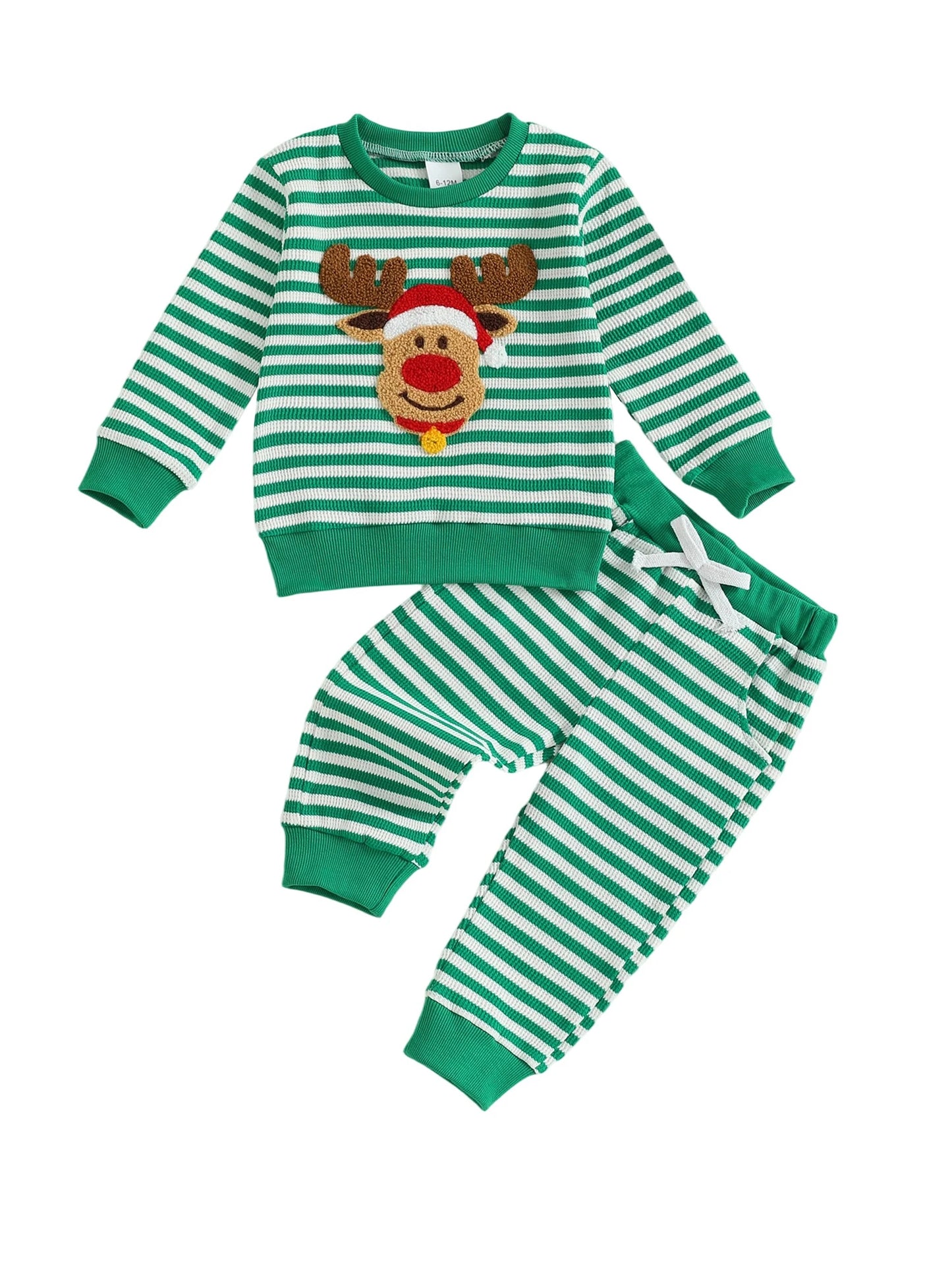 Infant Baby Boys Christmas Clothes Set - Long Sleeve Deer Embroidery Striped Sweatshirt & Pants