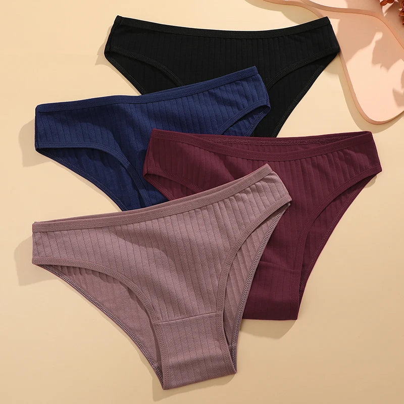 Women's 4Pcs Cotton Striped Breathable Briefs Low Waist Comfortable Stretch Lingerie