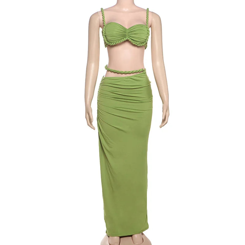 Women's Ruched Bandage 2 Piece Set Backless Decorative Cord Top and Skirt Dress Set