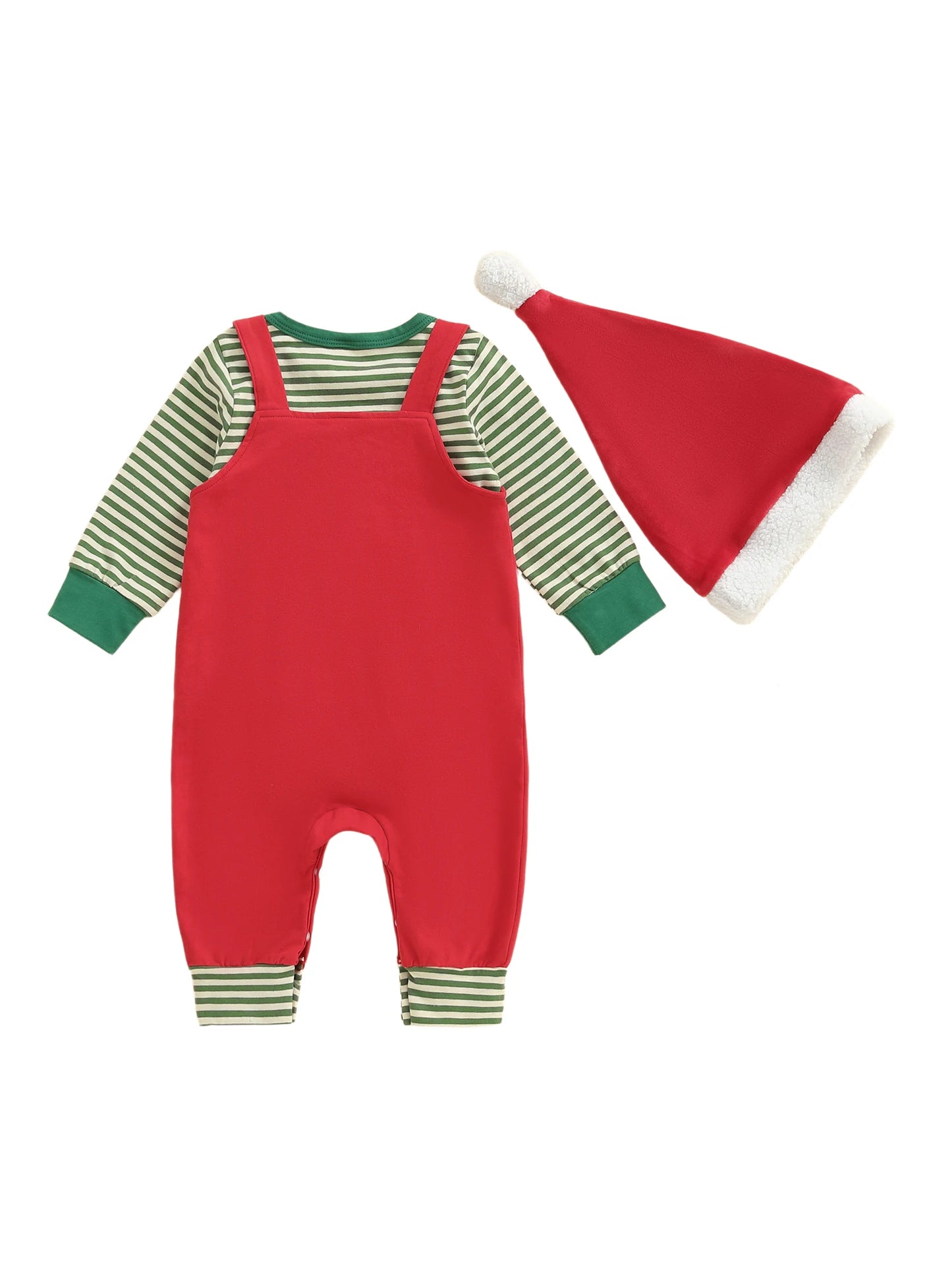 Newborn Baby Boys Fall Winter Christmas Clothes Set - Stripe Long Sleeve Romper, Embroidery Overall Pants & Hat