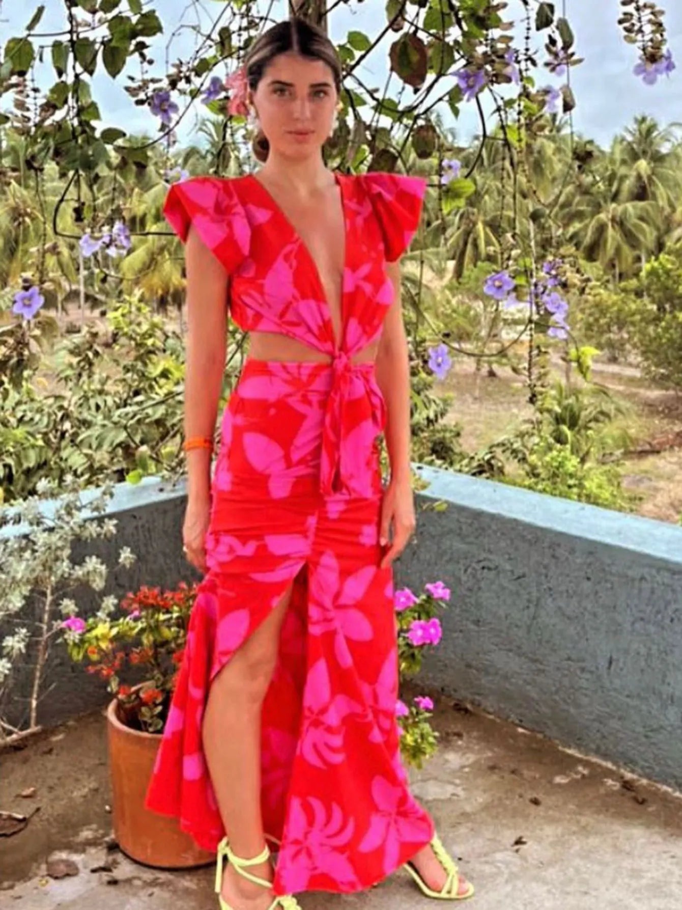 Women's V Neck Print Long Cut Out Elegant Short Sleeve Halter Maxi Summer Dress