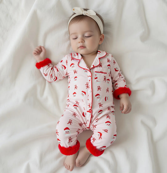 Lovely Baby Girls Christmas Pajama Jumpsuit - Santa Claus & Candy Cane Print (0-24M)