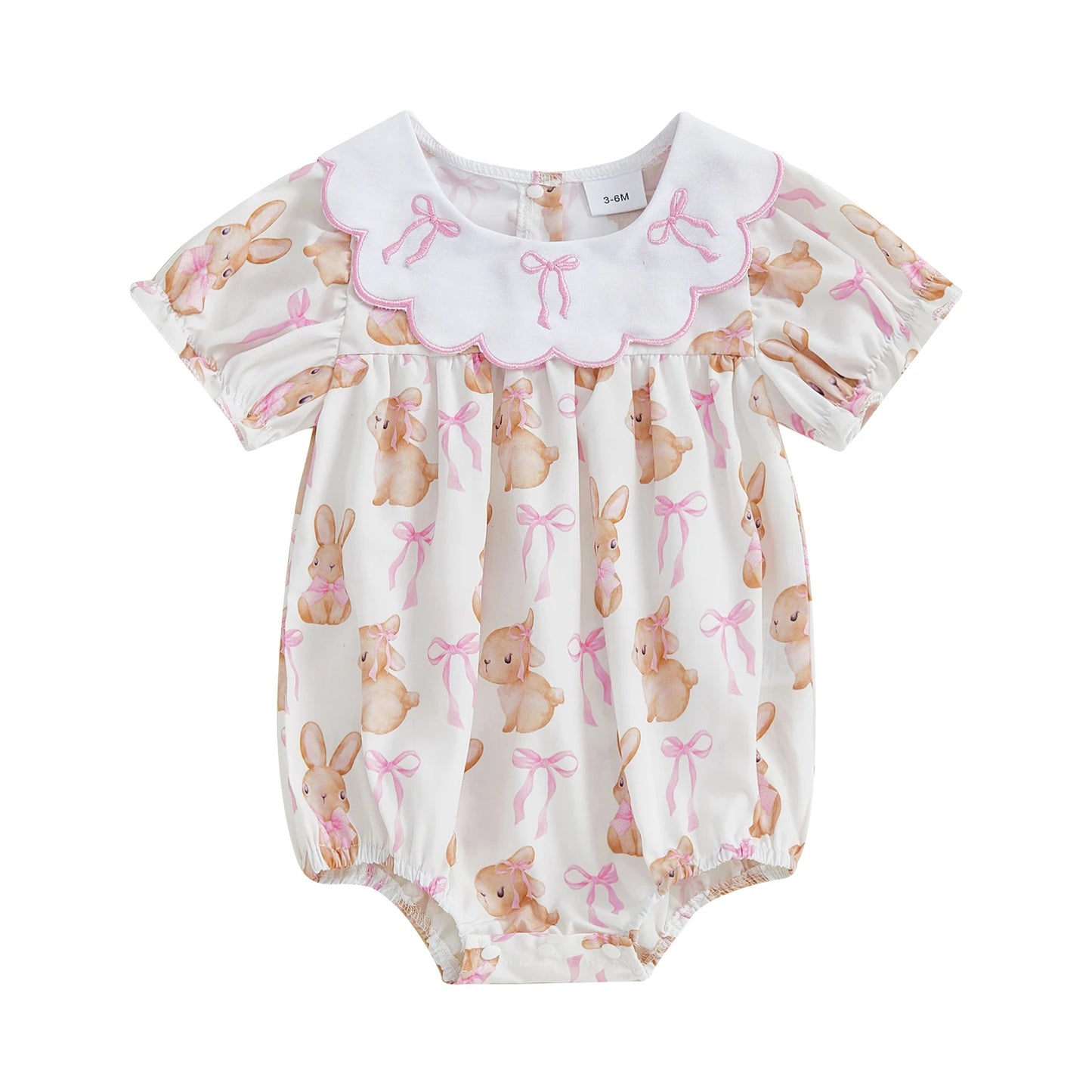 Easter Baby Girls Cute Romper - 3 Style Rabbit Bow Print Doll Collar Ruffle Short Sleeve Bodysuit (0-18M)