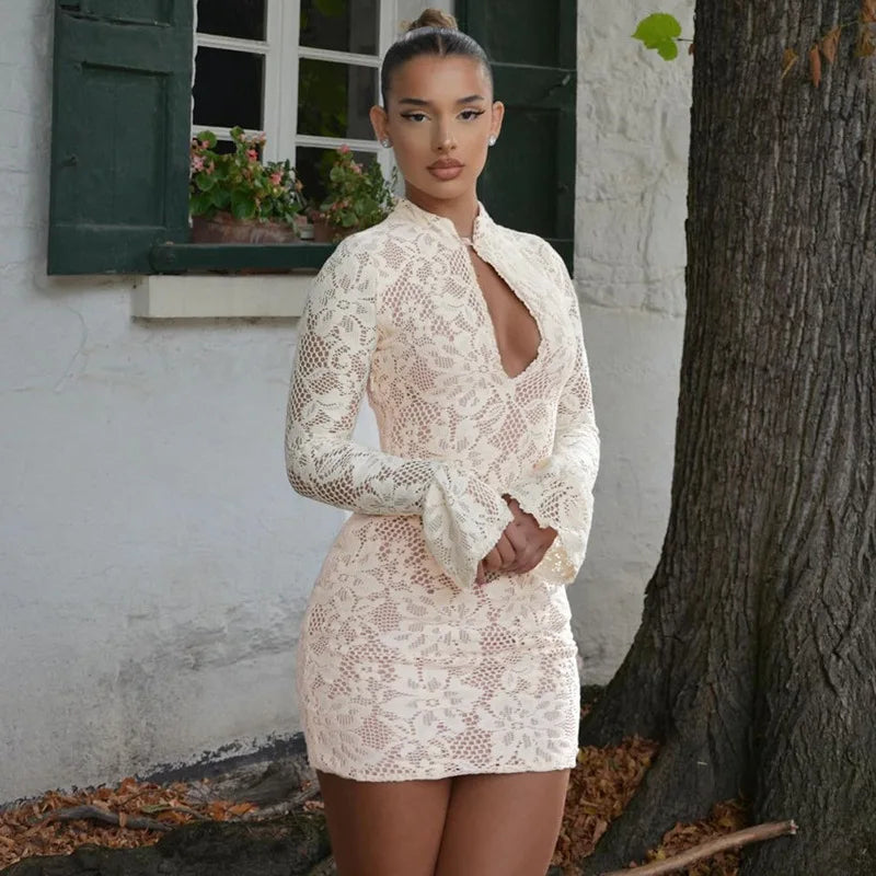 Women's Lace Hollow Mini High Waist Hip Wrap Party Long Sleeve Elegant Dress