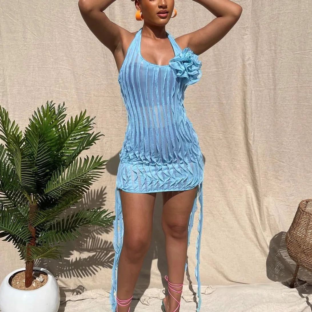 Women's Halter Pleated Flower Mesh See Through Beach Mini Ruched Dress
