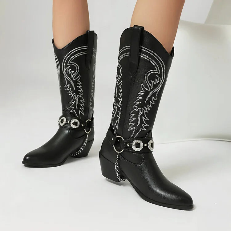Women's Tapered Circular Metal Chain Chelsea Bohemian Pointed Leather Knee High Boots