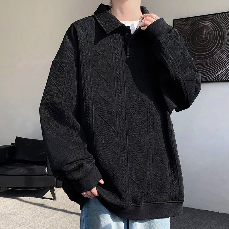 Men's Loose Turn Down Collar Casual Pullover Sweatshirt