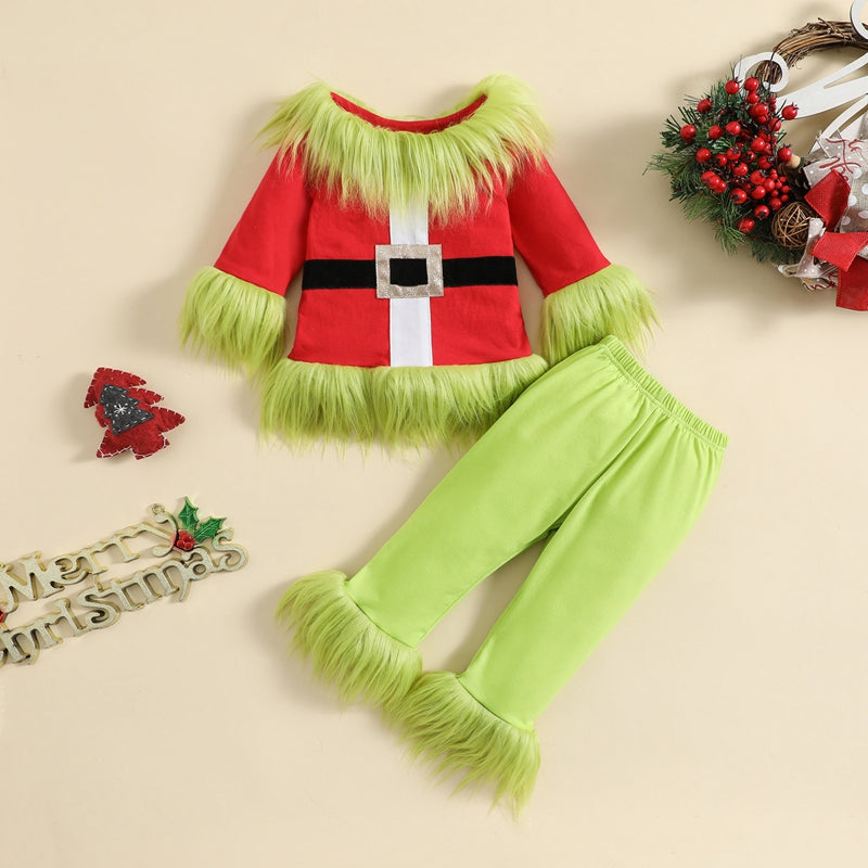 Kids Christmas Outfit Set - Furry Plush Patchwork Top & Elastic Waist Pants