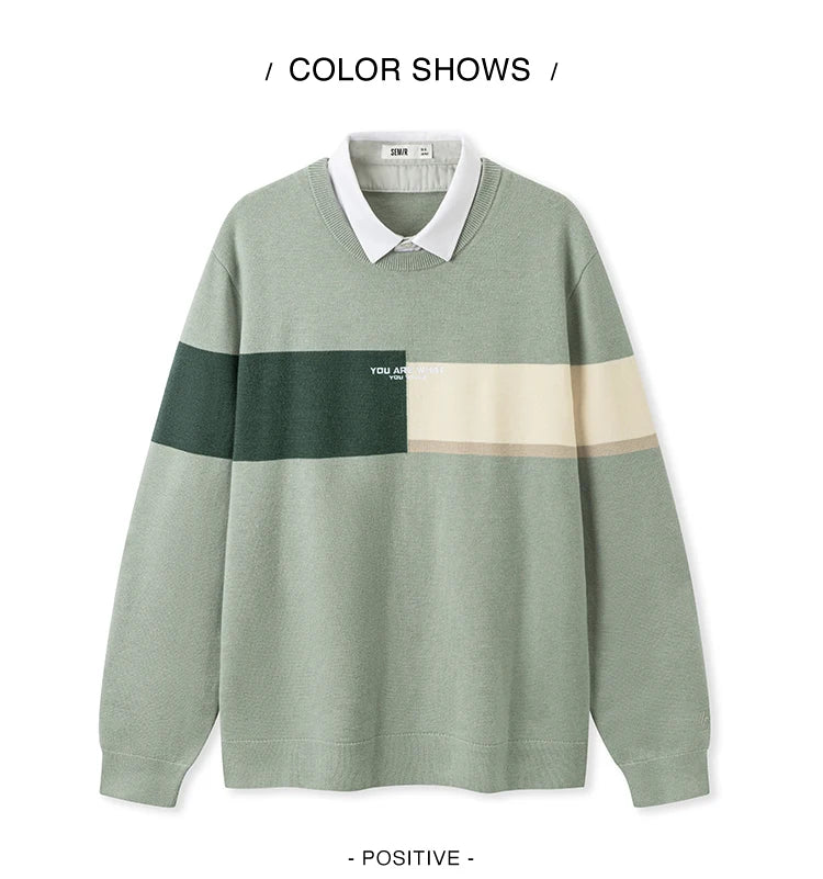 Men's Color Block Knit Sweater - Thermal Embroidered Pullover Winter Style