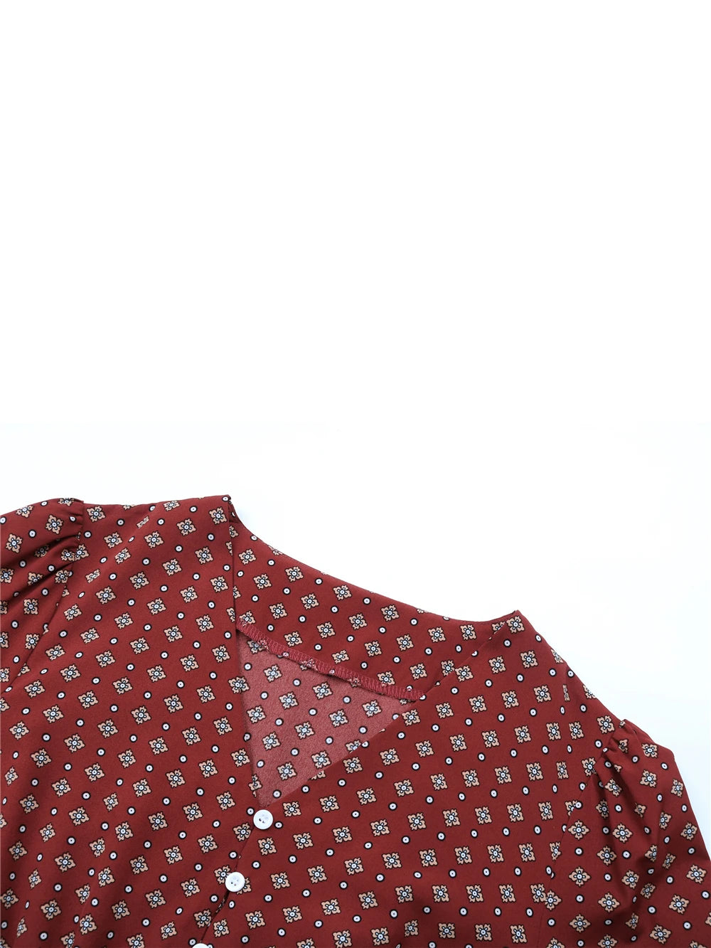 Women's Autumn Winter Long Sleeve Print V-neck Chiffon A-Line Knee Length High Waist Dress
