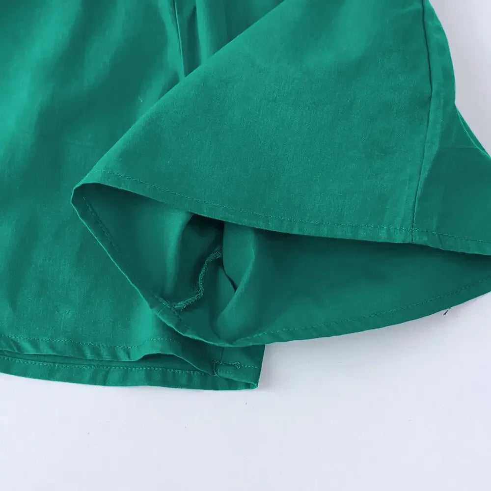 Girls Summer Outfit Set - Green Round Neck Top & Shorts