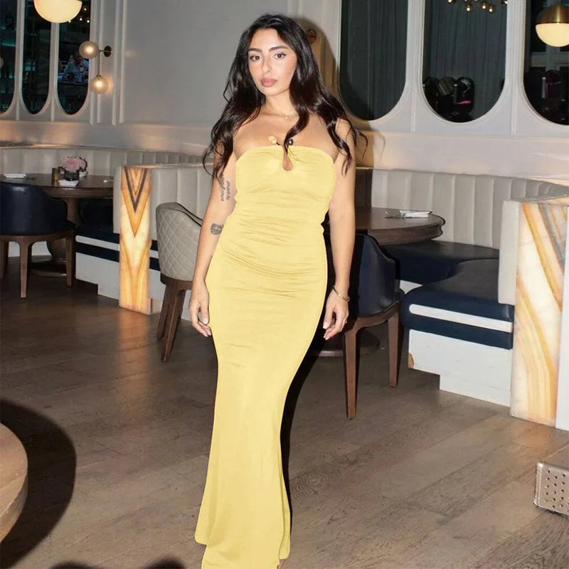 Women's U-neck Tube Top Pleated Bodycon Party Long Sleeveless Dress