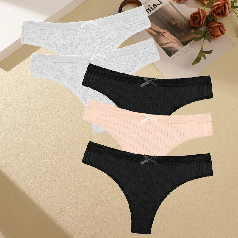 Women's Cotton Bow Tie Underwear 5-Pack - Ribbed Striped Low Waist Thongs