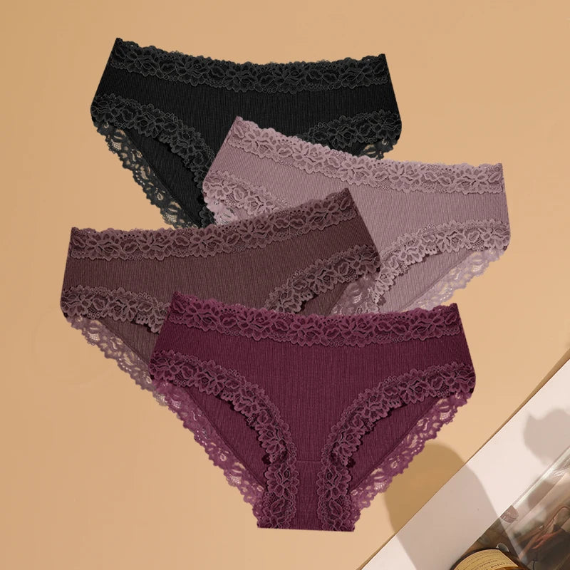 Women's Cotton Ribbed Underwear Set - 4 Pack Lace Floral Low-Waist Briefs