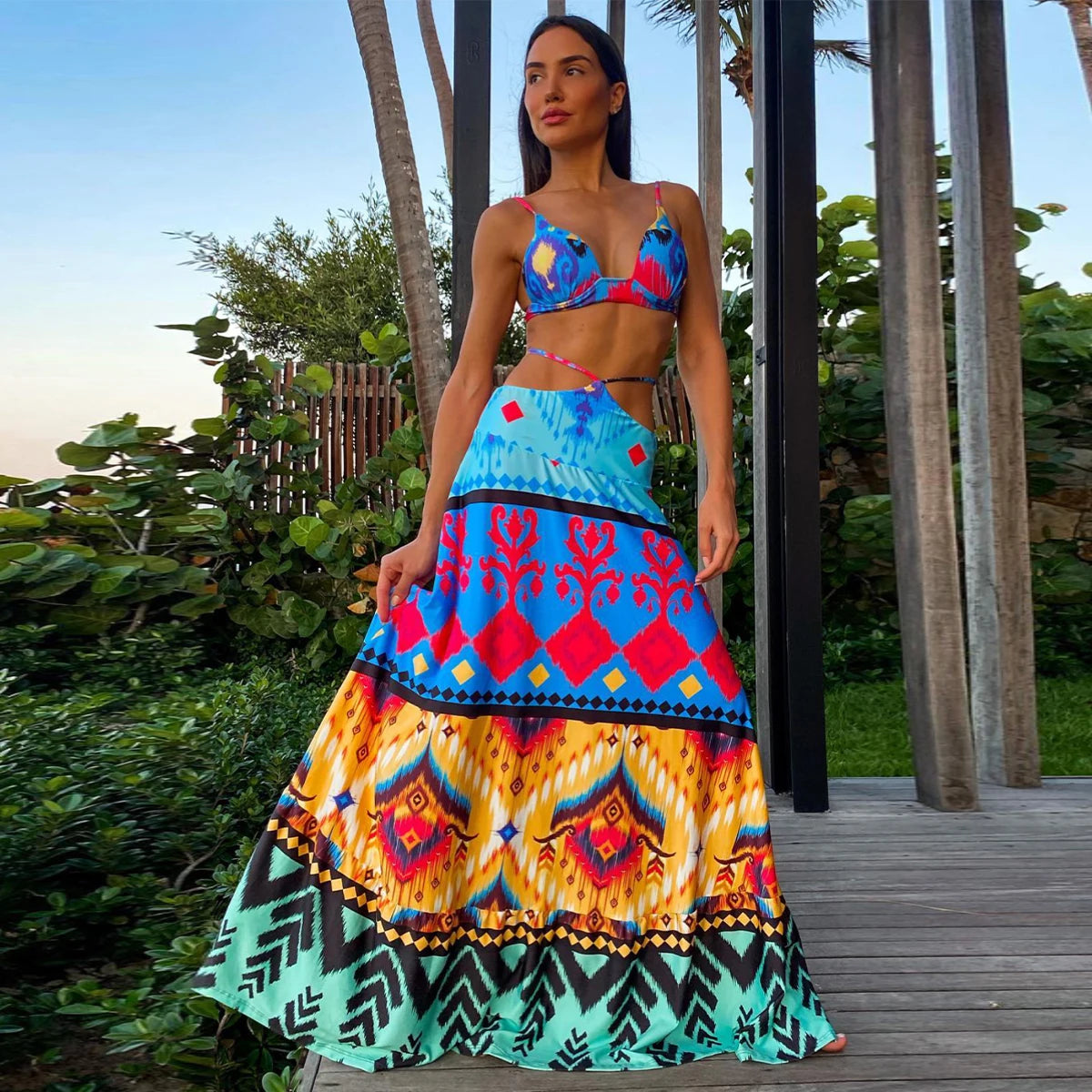 Women's Print Beach Two Piece Skirt White Bra High Waist A-line Long Skirt Beach Set
