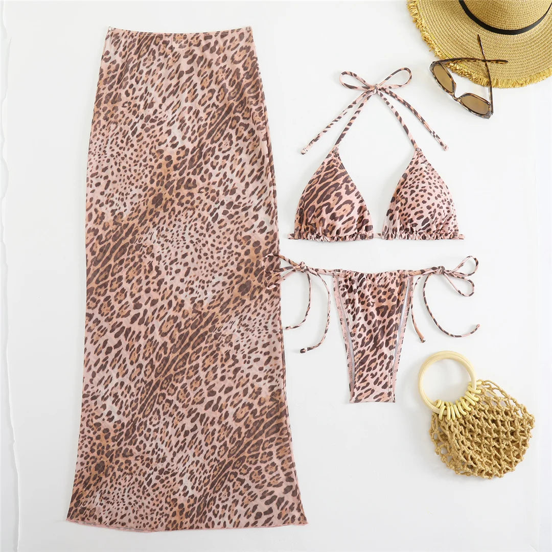 Women's Leopard With Skirt Halter Bikini Women Swimwear Swimsuit Three-pieces Bikini set
