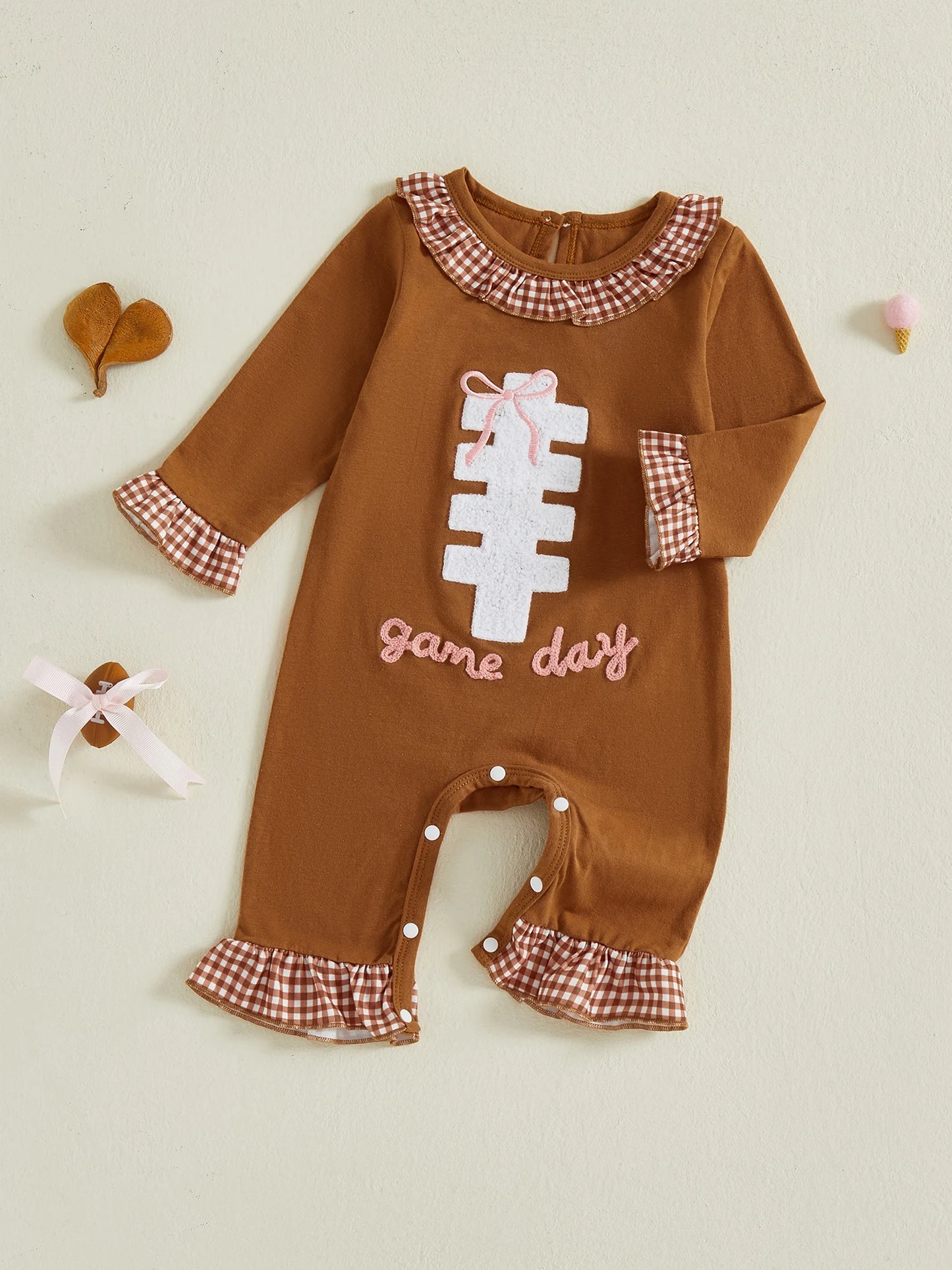 Baby Autumn Winter Romper - Plaid Print Football Embroidery Ruffled Jumpsuit (0-18M)