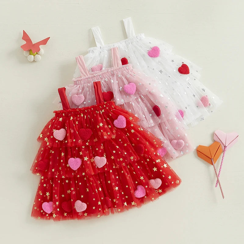 Girl's Festive Dress - Star Lace Layered Tulle Sundress with Plush Ball