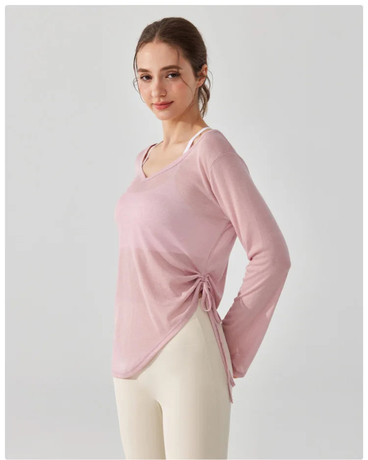 Women's Loose Running Top Long Sleeve Yoga Shirt V-Neckline Workout Blouse Sportswear Workout Clothes