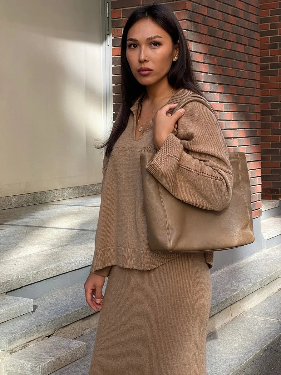 Women's Loose Sweater V-Neck Knit Pullover Top and Long High Waist Skirt 2 Piece Set