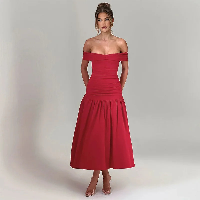 Women's Ruched One-Shoulder Party Long Sleeveless High Waist A-Line Dress