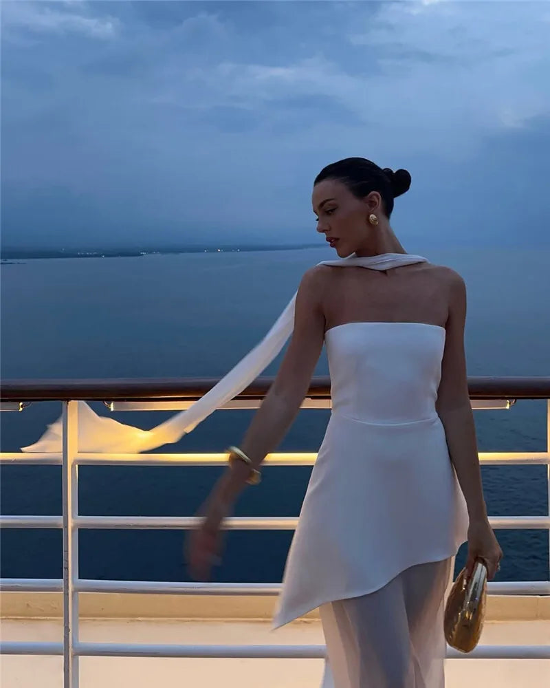 Women's Elegant Strapless Maxi Gown With Scarf Off-shoulder Sleeveless Backless Split Beach Long Dress