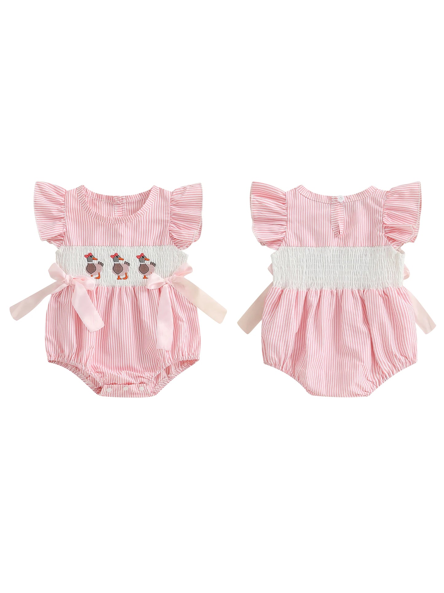 Baby Girls Striped Duck Embroidery Romper - Short Sleeve Jumpsuit with Bow (0-18M)
