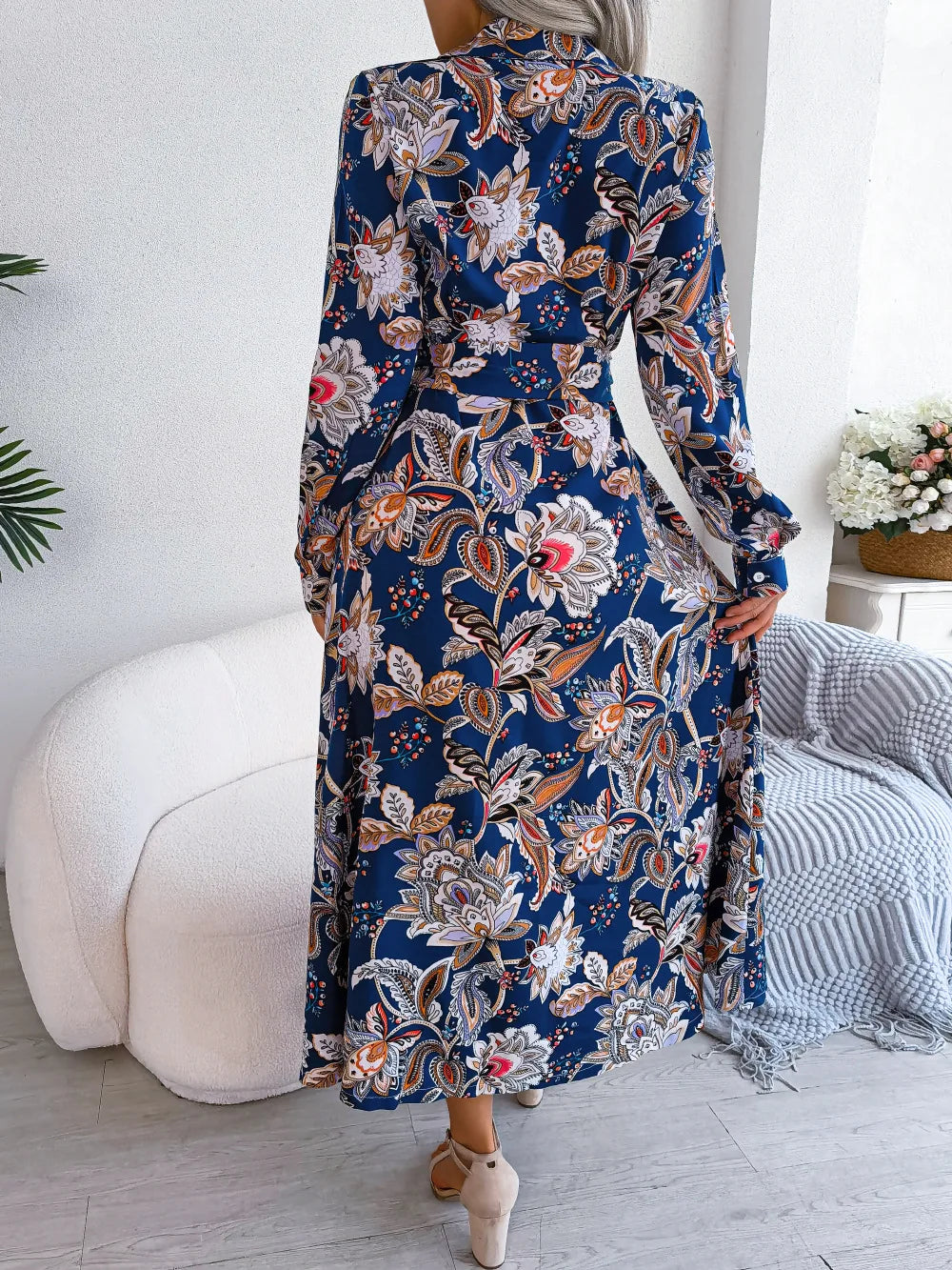 Women'S Spring Summer Retro Floral Collar Long Sleeve Tie Up Shirt Dress